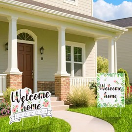 2PCS Welcome Home Outdoor Yard Sign Decorations Floral Welcome Lawn Sign with Stake Baby Shower Yard Signs Supplies for Home Gender Reveal Family Housewarming Welcoming Party Yard Garden Outside Decor