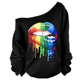 MAGICMK Woman’s Sweatershirt Lips Print Causal Blouse Off The Shoulder Long Sleevecolor specifications settingsLoose Slouchy Pullover Plus Size Tops…(L)