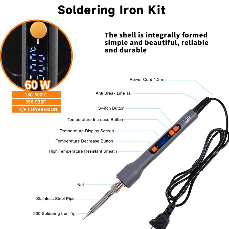 60W Digital Soldering Iron Heat Set Insert Tool Kit, Adjustable