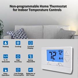 NonProgrammable Thermostat for House, Digital Energy-Saving Thermostat,Single-Stage Systems, 1 Heat/1 Cool, Easy DIY Install, Blue Backlight