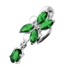 Dark Green CZ Crystal Stone Orchid with Oval Gems Dangling Reverse Bar 925 Sterling Silver Belly Ring Body Jewelry