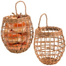 Elsjoy Set of 2 Hanging Onion Basket, Wall Mount Wicker Baskets for Storage Kitchen Woven Rattan Basket, Pantry Wicker Basket for Onion, Garlic, Potato