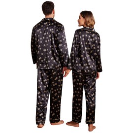 Ekouaer Matching Silk Pajamas for Couples Adults Christmas Pjs Satin Shirt with Long Pants Winter Sleepwear with Pockets (Black With Snowflakes,XL)