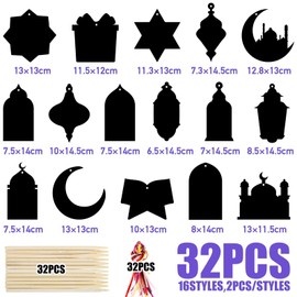 BOFUNX 32 Pieces Ramadan Eid Scratch Pictures Craft Set for Children Star Moon Lantern Mosque Scratch Pictures Ramadan Kareem Decoration for Islamic Muslim Ramadan Eid Mubarak