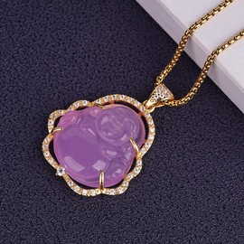 ASGIFT Purple Laughing Buddha Necklaces Natural Quartz Crystal Buddha Pendant Amethyst Healing Stone Bling Good Luck Buddah Neckless Jewelry for Women Girl (22 inches)