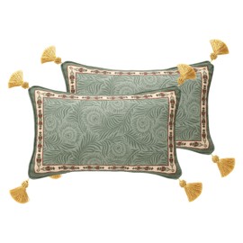 patdrea Designer Throw Pillow Covers Set of 2,French Elegant Green Linen with Curly Grass and Floral Pattern Pillow Covers,Decorative Lumbar Pillowcases Cushion for Bed Living Room Outdoor,12"x20"