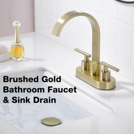 TRUSTMI Bathroom Faucet Gold 2 Handle Lavatory Basin Sink Faucet Swivel Waterfall 4 Inch Centerset Vanity Faucet with Overflow Pop Up Drain Assembly, Brushed Gold