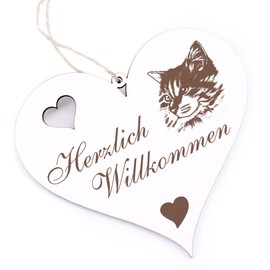 Herzlich Willkommen Sign, Maine Coon Cat Head, Decorative Heart, Wooden Welcome Sign, Door Sign, Door Decoration