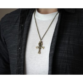 Large Brass Egyptian Ankh Necklace For Men Women - Immortality Symbol - Horus Falcon Pendant - Sun God Ra Cross Eagle Bennu Pharaoh Jewelry With 22 Inches Long Chain