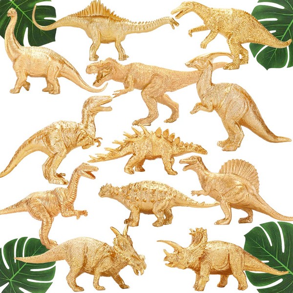 Figura de dinosaurios de plástico dorado metálico, 12 piezas de cifras de dinosaurio dorado jumbo para niños y niñas, baby shower, decoraciones de despedida de soltera, suministros para fiesta de cumpleaños con temática de dinosaurios para niños, decorac