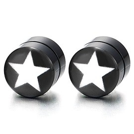 8 mm Star Magnetic Black Circle Men Women Click-on Fake Piercing Stud Earrings Fake Plugs Tunnel Gauges, Acrylic, No Gemstone