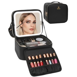 Relavel Makeup Bag with LED Mirror, Travel Makeup Case with Rechargeable Lighted Mirror 3 Color Lights, Dual Layer Cosmetic Box Makeup Brush Lipstick Holder Organizer for Women, Leather Black