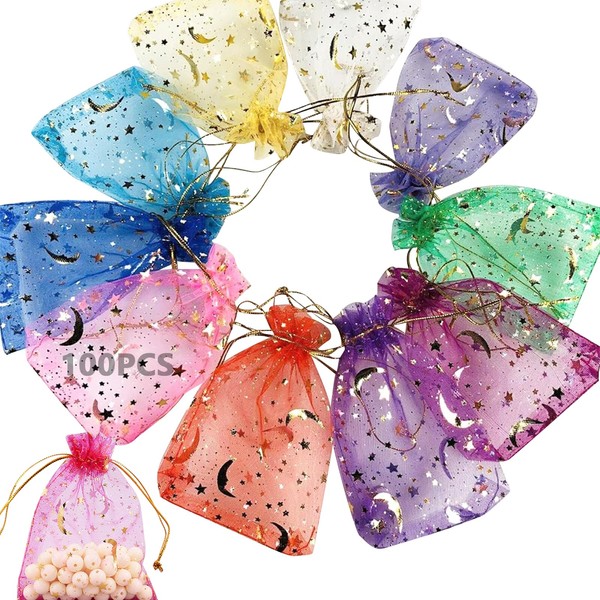 100 Pcs Moon Stars Mixed Organza Bags Small Mesh Drawstring Organza Gift Bags Great for Storing Treats Candies Chocolates Small Jewelry Cosmetic Samples Sachets Dried Flowers and Other Small Gadgets