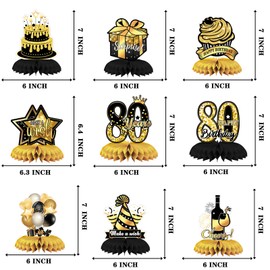 FANOST 80th Birthday Table Decorations for Men Women Him Her, Pack of 9 Gold and Black 80th Birthday Table Centerpieces, Mom Dad Grandma Grandpa Bday Party Honeycomb Centerpieces Decor