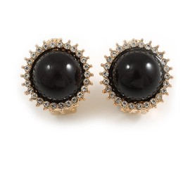 Round Crystal with Black Acrylic Bead Clip On Earrings in Gold Tone/17mm D
