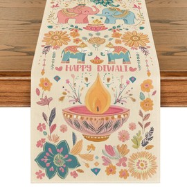 Artoid Mode Flowers Festival of Light Happy Diwali Table Runner, Holiday Kitchen Dining Table Decoration for Home Party Decor 13x72 Inch