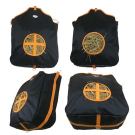 Majestic Ally Nylon Hay Feeder Tote Bag for Horse, Goat, Sheep - Double Sides Open Feed Hole with Faux Leather Ventilated Bottom- Premium Quality -Simulates Grazing - Reduces Waste (Black)