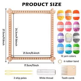 BORDEAG Loom Frame for Children, Wooden Loom Set with 12 Colours Knitting Thread, Wooden Loom Frame for Beginners Adults Professionals (25 x 28 cm)