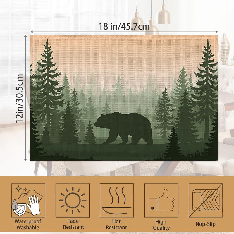 Bear Placemats Set of 6,Misty Fores Placemats Washable Kitchen Dining