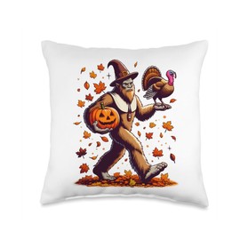 Bigfoot Pilgrim Turkey Pumpkin Thanksgiving Day Boys Men Throw Pillow
