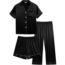 SWOMOG Toddler Girls Boys 3pcs Silk Satin Pyjamas Set Baby Button-Down PJs Sets Loungewear Short Sleeve Sleepwear Black