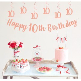 bng-bng 10th Birthday Party Decorations Girls with Happy 10th Birthday Bunting 10 Banner Hanging Swirls Streamers for Girl Kids 10 Ten Years Old Birthday Anniversary Party Decor Supplies Rose Gold