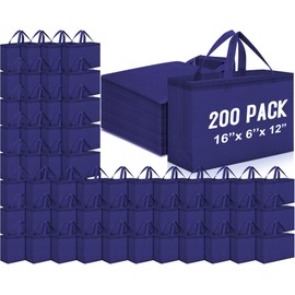 Windyun 200 Pcs Reusable Grocery Bags Large Non Woven Shopping Bags Foldable Portable Tote Carryall Bulk(Navy Blue,16x6x12 Inch)