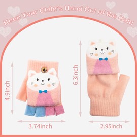 Kids Fingerless Gloves Winter Warm Convertible Flip Top Gloves Soft Knit Lining and Elastic Cute Cartoon for Kids Boy Girls 7-10 Years (Pink, Cat)