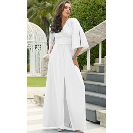 KOH KOH Pluz Size Womens Long Bridesmaid Wedding Bridal Party Guest Cocktail Semi Formal Prom Black Tie Gala Elegant Evening Flowy Slit Tall Maxi Dress Gown, Ivory White 4XL 26-28