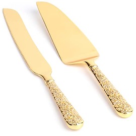 Dicunoy 2 PCS Gold Cake Knife and Server Set, Wedding Cake Cutting Utensils, Vintage Engraved Cake Cutter and Serving Spatula for Birthday, Party, Anniversary
