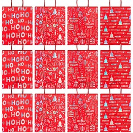 LATERN Pack of 12 Christmas Gift Bags, 32 x 26 x 12 cm, Merry Christmas Theme Goody Bags, Gift Wrapping Bags, Silver Pressed Christmas Party Bags (4 Patterns)