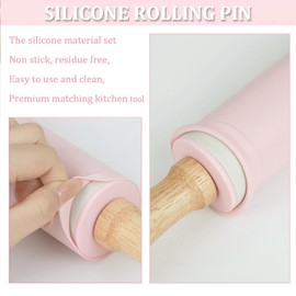 Silicone Rolling Pin for Baking,15inch Pastry Dough Roller with Wooden Handle Non Stick Surface Rolling Pin for Dough Fondant Cookie Pastry Tapered Dumpling Baking Supplies (pink)