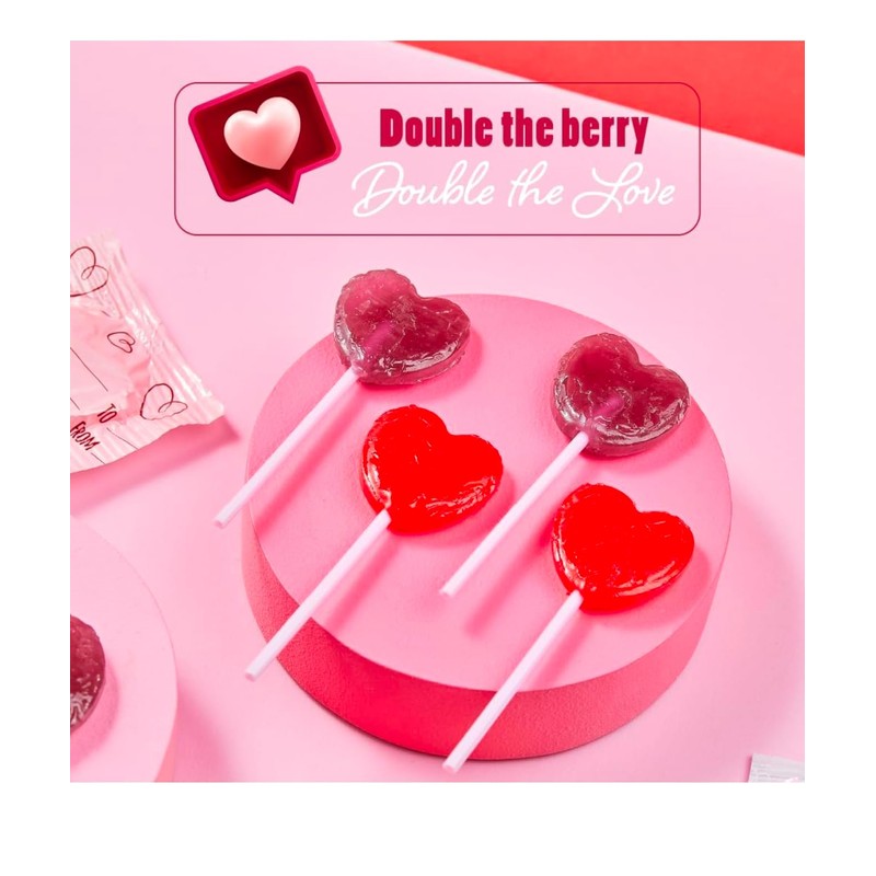 Valentine Heart Shaped Lollipops, Strawberry & Cream Flavor, Red &