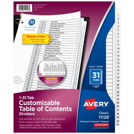Avery Ready Index Classic Tab Titles, 31-Tab, 1-31, 8.5 X 11 Inches, Black/White, 31 per Set (11128)
