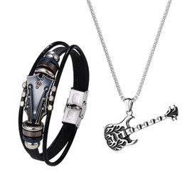 JewelryWe Guitar Necklace Bracelet Set: 2 Piece Jewellery Set for Men Women Stainless Steel Guitar Pendant with Chain & Punk Leather Bracelet Leather Bangle Gothic Rock Guitarist Jewellery for Music