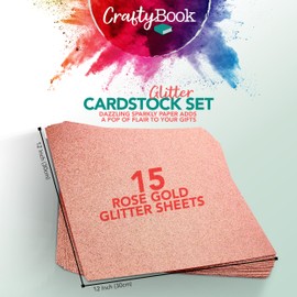 CraftyBook Glitter Cardstock Set - 15 Sheets of Rose Gold 12x12in Glitter Paper for Scrapbooking, Crafting, and Decor