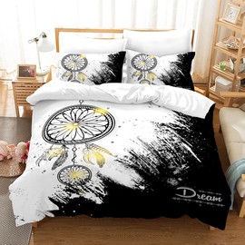 KAIDAARTLH Feather Bed Linen Set 135 x 200 cm, Boho Flowers Bed Linen Dream Catcher for Double Bed, Microfibre 3D Print Soft Comfortable with 2 Pillowcases (B, 135 x 200 cm)