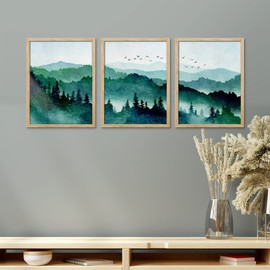 SIGNWIN Framed Green Mountain Forest Wall Art, Set of 3 Watercolor Teal Wall Decor Prints, Nature Wilderness Wall Décor for Living Room, Bedroom - 8"x10" Natural
