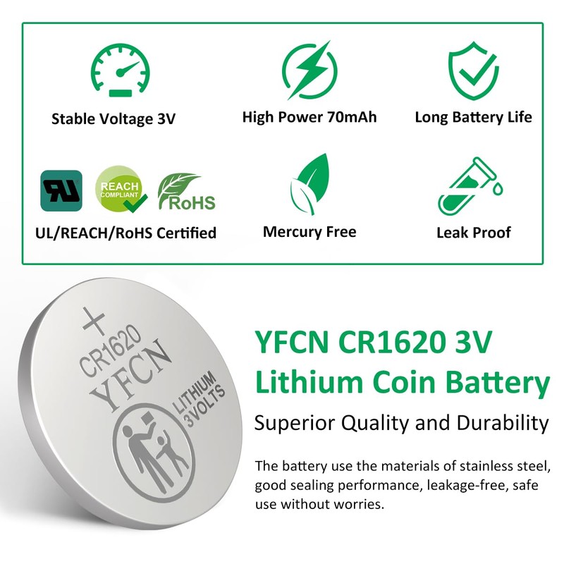YFCN CR1620 Battery 3V Lithium Battery 5 Count Pack -