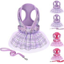 Small Dog Dress Harness Girl Female, No Pull Harnesses Outfit Apparel, Medium Summer Adjustable Puppy Plaid Skirt Vest Cat Clothes (Purple Dress+Leash, XXS)