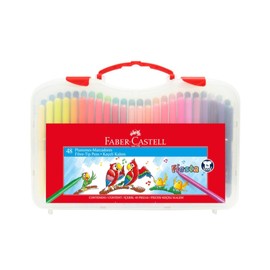 Faber-Castell Marcadores Fiesta con 48 Plumones de Diferentes Colores, presentados en un práctico estuche rígido de plástico, ideal para mantener los plumones organizados y transportarlos fácilmente
