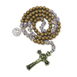 KOMI 10MM Metal Beads Rugged Durable Paracord Rosary Necklace for Men with St Benedict Medal and Enamel Jesus Crucifix Cross Catholic Religious Gifts Bronze Beads