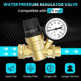 RV Water Pressure Regulator Lead-Free Brass Adjustable Water Pressure Reducer with Gauge and Screen Filter Use in Camper, Trailer, RV Plumbing System