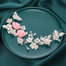 Easedaily Flower Bride Wedding Hair Vine Silver Rose Headpieces Pearl Hair Pieces Bridal Hair Accessories for Women and Girls