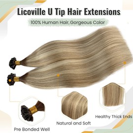 Utip Hair Extensions, Blonde Balayage Utip Extensions Real Human Hair Pre Bonded Beige Blonde Mixed Platinum Blonde U Tip Human Hair Extensions for Women 16 Inch 50g