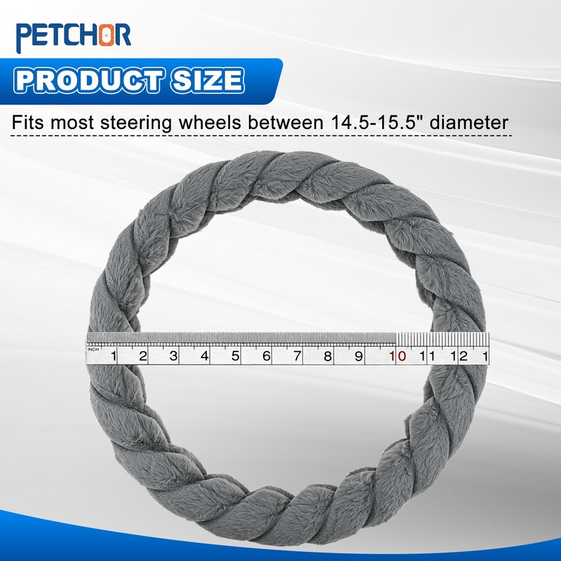 PETCHOR Twisted Fur Grey Soft Steering Wheel Cover, Fluffy Car