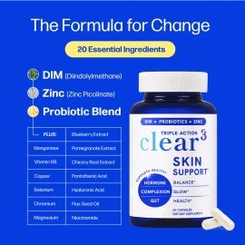 Clear Skin Acne Supplement with Zinc, DIM & Probiotics – 3-in-1 Formula for Balance, Clarity & Skin Health – With Hyaluronic Acid & Skin Vitamins for Men & Women