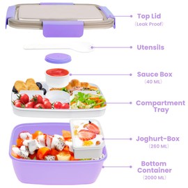 Bugucat Bento Box 2000ML, Lunch Box Salad Lunch Container to Go with 4 Compartment Tray, Salad Bowl with Dressing Container, Meal Prep to Go Containers for Food Fruit Snack,Purple