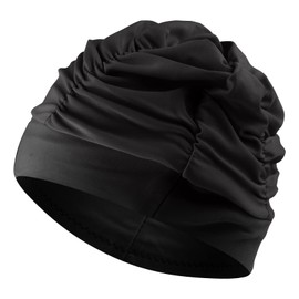 2 PCS Swimming Caps Women Black Pleated Swimming Cap,Nylon Cloth Swimming Cap Extra Large Swim Caps Elastic Comfort Swim Hats for Women Very Long Thick Hair Keep Hairstyle