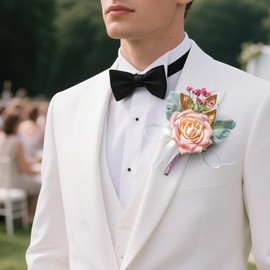 Boutonniere for Men, 5pcs Groom Groomsmen Bridesmaid Unified style set, Wedding Artificial Flowers (Pink)